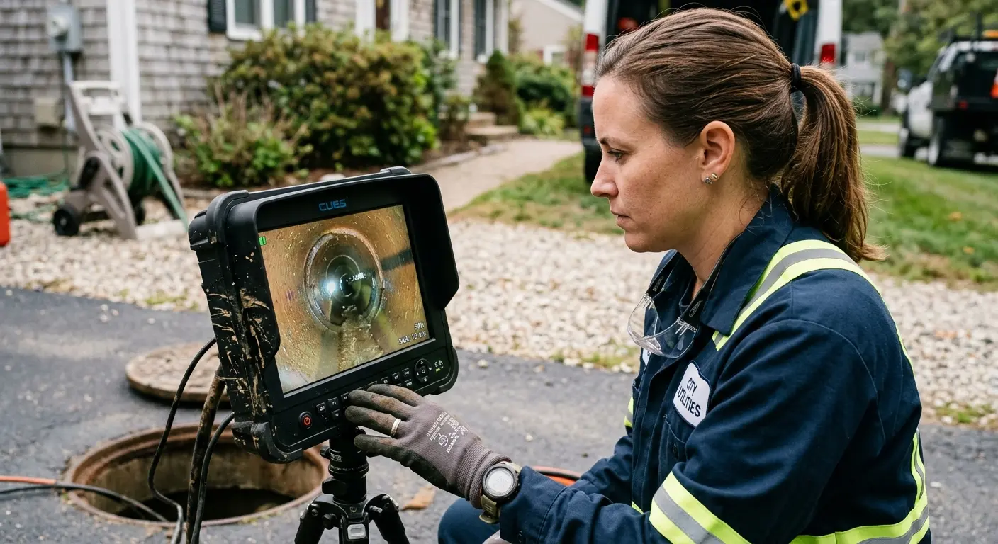 Technician reviewing sewer camera inspection footage in Newport News