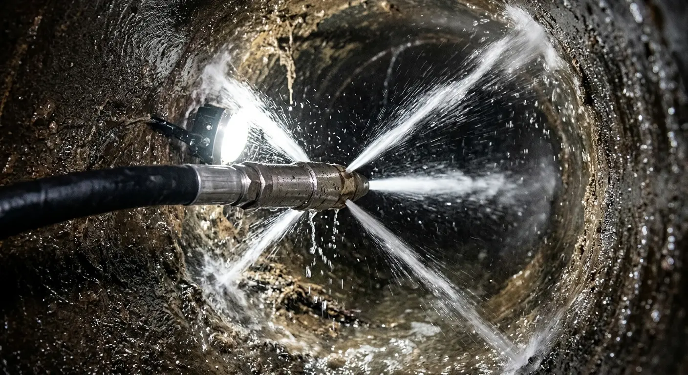 High-pressure hydro jetting nozzle cleaning sewer pipe for Emergency Drain Service in Newport News