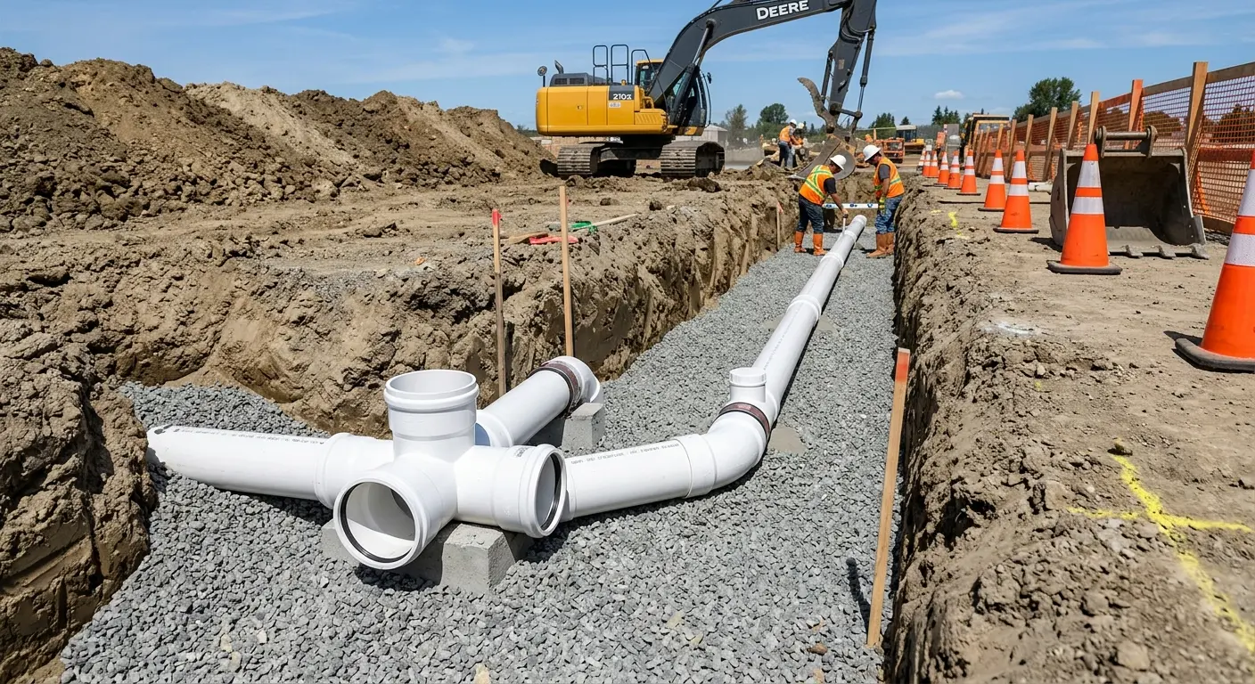 New PVC sewer pipe installation in open trench for Commercial Drain Cleaning in Newport News