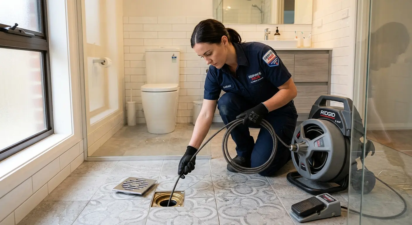 Technician clearing a bathroom floor drain for Drain Repair in Newport News